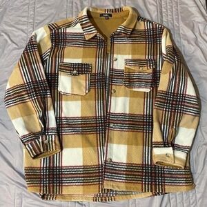 Tan, black and burgundy plaid flannel shacket size 1X #plaid #shacket